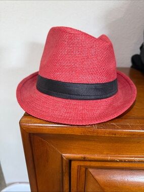 Red Straw Fedora with Black Band